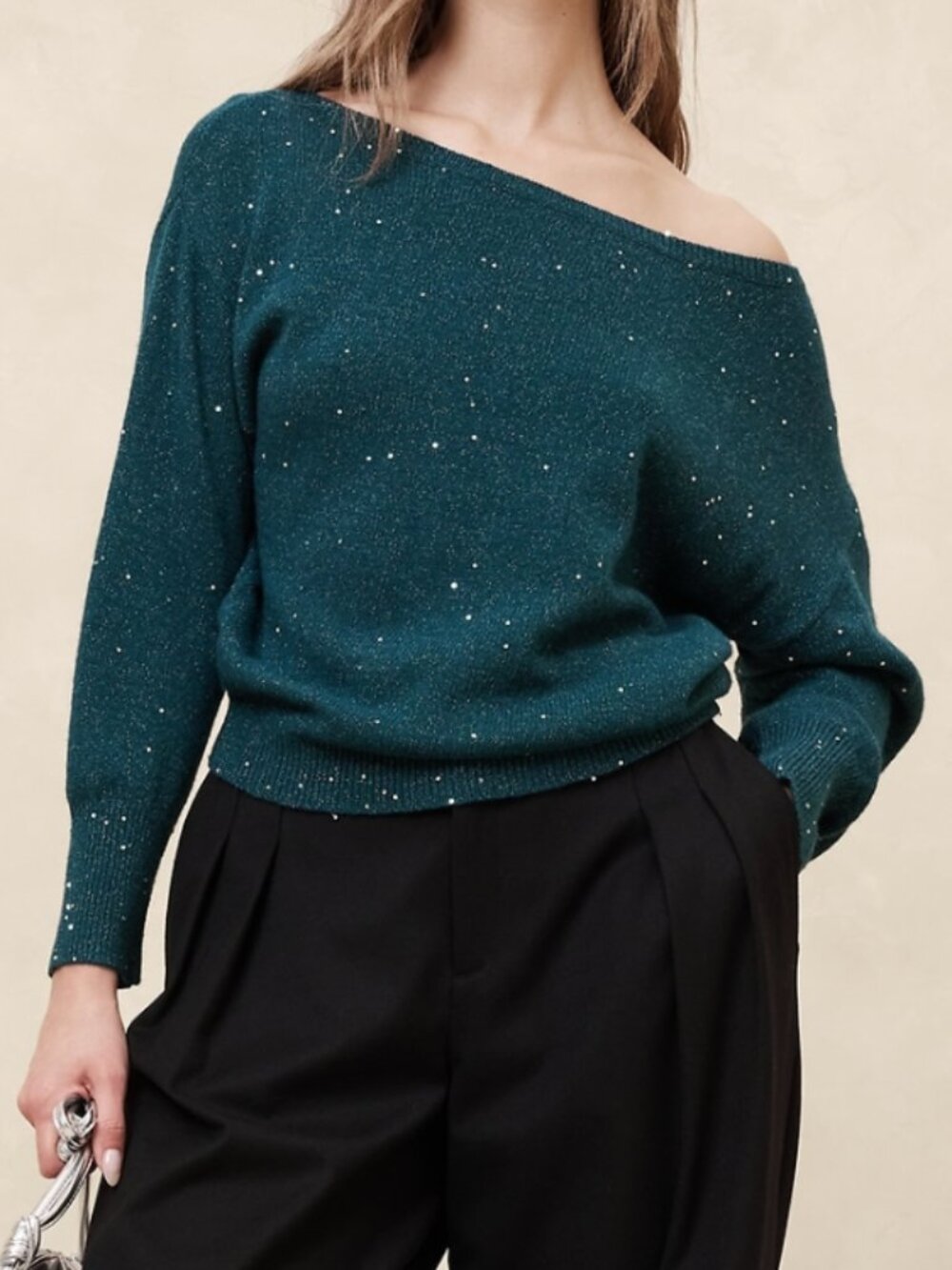 BANANA REPUBLIC Asymmetrical Sequin Sweater Teal Silver Metallic One Shoulder M